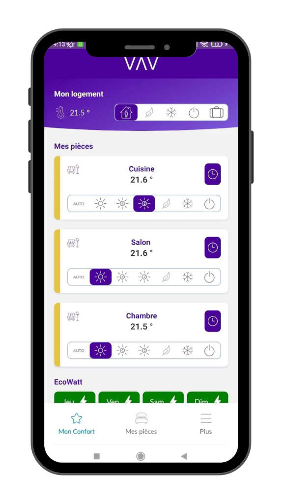Programmation du type de chauffage par pièce de l'application VAV Connect