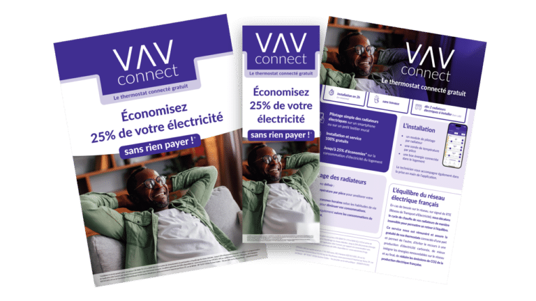 Support de communication papier présent en grande distribution faisant la présentation de la solution connectées et gratuite de VAV Connect